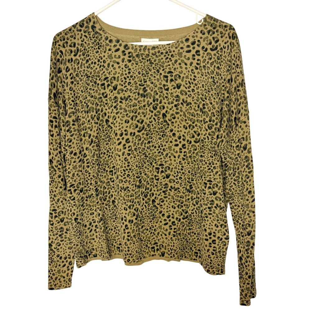 Garnet Hill Sweater Small Leopard Print Silk Cotton Blend Olive Green Pullover